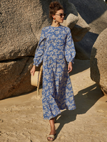 Robe Longue Femme Eté Imprimé Fleuries à Col Rond avec Manches Longues Amples Coupe Cintrée Bas Evasée Bicolores Robe Longue Robe Eté Robe de Plage