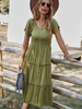 Robe Longue Femme Femme à Col Rond avec Manches Courtes avec Boutons Bas Evasée Unicolore Robe Maxi