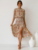 Robe Longue Femme Imprimé à Col Rond avec Manches Mi-longues Coupe Cintrée avec Fente