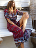 Robe Longue Femme Imprimé à Col V avec Manches Courte Coupe Cintrée Bas Evasée Robe Maxi