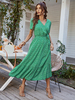 Robe Longue Femme Imprimé à Col V avec Manches Courtes Coupe Cintrée à Lacets Bas Evasée Bicolores Robe Maxi