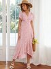 Robe Longue Femme Imprimé à Col V avec Manches Courtes Coupe Cintrée Bas Evasée
