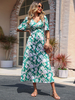 Robe Longue Femme Imprimé à Col V avec Manches Courtes Coupe Cintrée Bas Evasée Bicolores