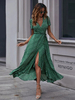 Robe Longue Femme Imprimé à Col V avec Manches Courtes Coupe Cintrée Bas Evasée Bicolores