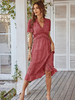 Robe Longue Femme Imprimé à Col V avec Manches Courtes Coupe Cintrée Bas Evasée Robe Maxi