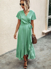 Robe Longue Femme Imprimé à Col V avec Manches Courtes Volantes Coupe Cintrée à Lacets avec Fente Bicolores