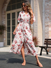 Robe Longue Femme Imprimé à Col V avec Manches Courtes Volantes Coupe Cintrée avec Fente