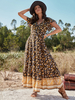 Robe Longue Femme Imprimé à Col V avec Manches Courtes Volantes Coupe Cintrée avec Fente Bas Evasée Robe Maxi