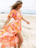 Robe Longue Femme Imprimé à Col V avec Manches Courtes Volantes Coupe Cintrée avec Fente Robe Maxi