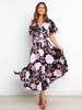 Robe Longue Femme Imprimé à Col V avec Manches Courtes Volantes Coupe Cintrée Bas Evasée