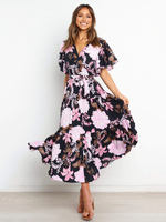 Robe Longue Femme Imprimé à Col V avec Manches Courtes Volantes Coupe Cintrée Bas Evasée