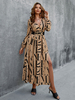 Robe Longue Femme Imprimé à Col V avec Manches Longues Amples Coupe Cintrée avec Fente Bicolores Robe Maxi