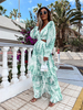Robe Longue Femme Imprimé à Col V avec Manches Longues Amples Coupe Cintrée Creusante Robe Maxi