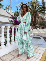 Robe Longue Femme Imprimé à Col V avec Manches Longues Amples Coupe Cintrée Creusante Robe Maxi