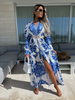 Robe Longue Femme Imprimé à Col V avec Manches Longues Coupe Cintrée Bicolores