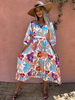 Robe Longue Femme Imprimé à Col V avec Manches Mi-longues Amples Coupe Cintrée Bas Evasée