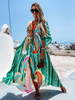 Robe Longue Femme Imprimé à Col V avec Manches Mi-longues Volantes Coupe Cintrée Bas Evasée Robe Maxi