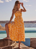 Robe Longue Femme Imprimé avec Bretelles à Col Carré Coupe Cintrée Bas Evasée Bicolores