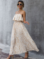 Robe Longue Femme Imprimé avec Epaule Dénudée avec Volantes Coupe Cintrée Bas Evasée Bicolores Robe Maxi