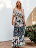 Robe Longue Femme Imprimé avec Manches Courte Coupe Cintrée Bas Evasée Robe Maxi