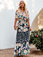 Robe Longue Femme Imprimé avec Manches Courte Coupe Cintrée Bas Evasée Robe Maxi
