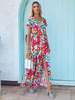 Robe Longue Femme Imprimé avec Manches Courtes à Col Décolleté en V Coupe Cintrée avec Fente