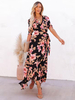 Robe Longue Femme Imprimé avec Manches Courtes à Col V Coupe Cintrée à Lacets Bas Evasée Robe Maxi