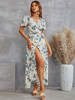 Robe Longue Femme Imprimé avec Manches Courtes à Col V Coupe Cintrée avec Fente