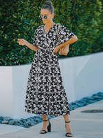 Robe Longue Femme Imprimé avec Manches Courtes à Col V Coupe Cintrée Bas Evasée