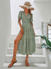 Robe Longue Femme Imprimé avec Manches Courtes Amples à Col V Coupe Cintrée Bas Evasée avec Fente Bicolores Robe Maxi