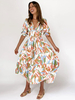 Robe Longue Femme Imprimé avec Manches Courtes Amples à Col V Coupe Cintrée Bas Evasée Robe Maxi