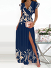 Robe Longue Femme Imprimé avec Manches Courtes Volantes à Col Décolleté en V Coupe Cintrée avec Fente Bicolores