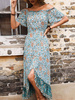 Robe Longue Femme Imprimé avec Manches Courtes Volantes avec Epaule Dénudée Coupe Cintrée Robe Maxi