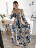 Robe Longue Femme Imprimé avec Manches Longues à Col Décolleté en V Coupe Cintrée Bas Evasée