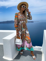 Robe Longue Femme Imprimé avec Manches Longues à Col V Coupe Cintrée Bas Evasée Robe Maxi