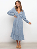 Robe Longue Femme Imprimé Fleurie à Col Décolleté avec Manches Longues Amples Coupe Cintrée Bas Evasée Bicolores Robe Maxi