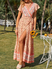 Robe Longue Femme Imprimé Fleurie à Col V avec Courtes Volantes Coupe Cintrée avec Fente Robe Maxi