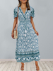 Robe Longue Femme Imprimé Fleurie à Col V avec Manches Courtes Coupe Cintrée à Lacets Bas Evasée