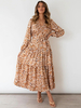 Robe Longue Femme Imprimé Fleurie à Col V avec Manches Longues Amples Coupe Cintrée à Lacets Bas Evasée Robe Maxi