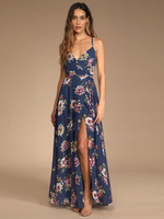 Robe Longue Femme Imprimé Fleurie avec Bretelles à Col Décolleté Coupe Cintrée Bas Evasée Robe Maxi