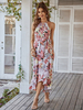 Robe Longue Femme Imprimé Fleurie avec Bretelles à Col Rond avec Epaule Dénudée Coupe Cintrée Bas Evasée Robe Maxi