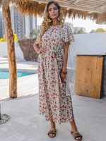 Robe Longue Femme Imprimé Fleurie avec Manches Courtes Volantes Coupe Cintrée Bas Evasée