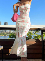 Robe Longue Femme Imprimé Moulante avec Bretelles Coupe Cintrée avec Fente Robe Sexy