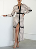 Robe Longue Femme Imprimé Rayures à Col Revers avec Manches Longues Coupe Cintrée avec Fente Bicolores
