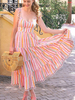Robe Longue Femme Imprimé Rayures avec Bretelles à Col Décolleté en V Coupe Cintrée Bas Evasée Multicolores