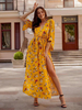 Robe Longue Femme Imprimés avec Manches Mi-longues à Col V Coupe Cintrée avec Fente