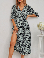 Robe Longue Femme Imprimés avec Manches Mi-longues à Col V Coupe Cintrée avec Fente Bicolores