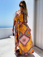 Robe longue femme jaune motif bohu col en V demi-manches robe longue en polyester fendu
