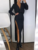 Robe Longue Femme Longue à Col Décolleté en V avec Manches Longues Coupe Cintrée ave Fente Unicolore
