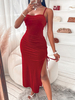 Robe Longue Femme Moulante avec Bretelles à Col Décolleté Coupe Cintrée avec Fente Unicolore